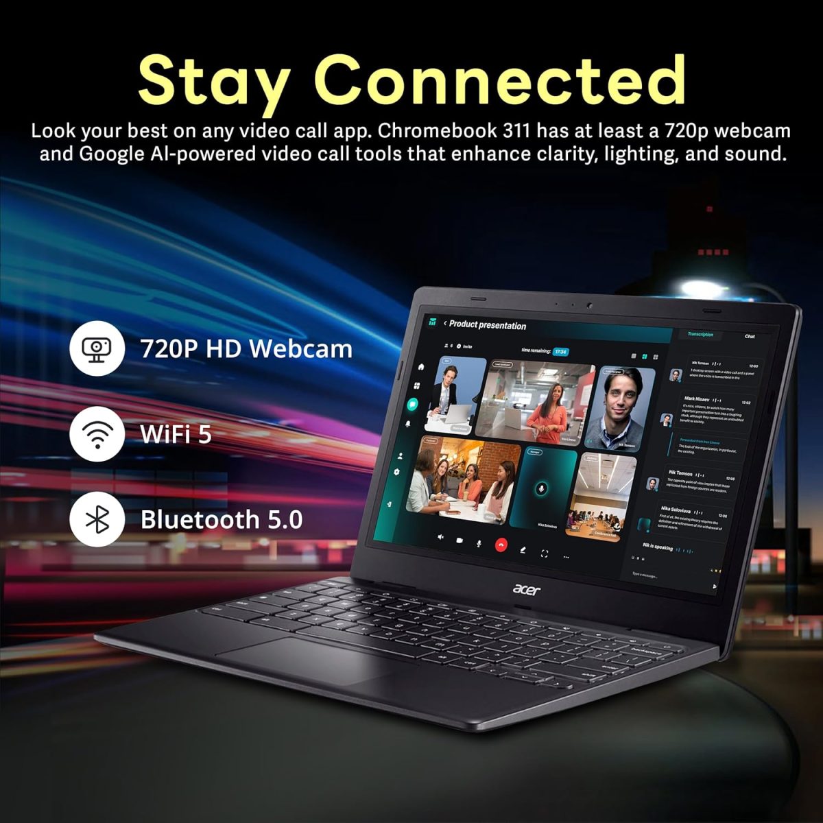 ⁦acer Chromebook 311 11.6" HD Laptop, Intel Celeron N4500 Processor, 4GB LPDDR4X RAM, 224GB Storage (64GB eMMC+160GB Docking Station Set), Intel UHD Graphics, Wi-Fi 5, Chrome OS, Black⁩ - الصورة ⁦5⁩