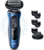 ⁦براون ماكينة حلاقة كهربائية للرجال من السلسلة 6 61-B1500s مع ملحق تشذيب اللحية ايزي كليك سينسو فليكس، تقنية رطبة وجافة، قابلة لاعادة الشحن، ماكينة حلاقة شبكية لاسلكية، ازرق⁩ - الصورة ⁦2⁩