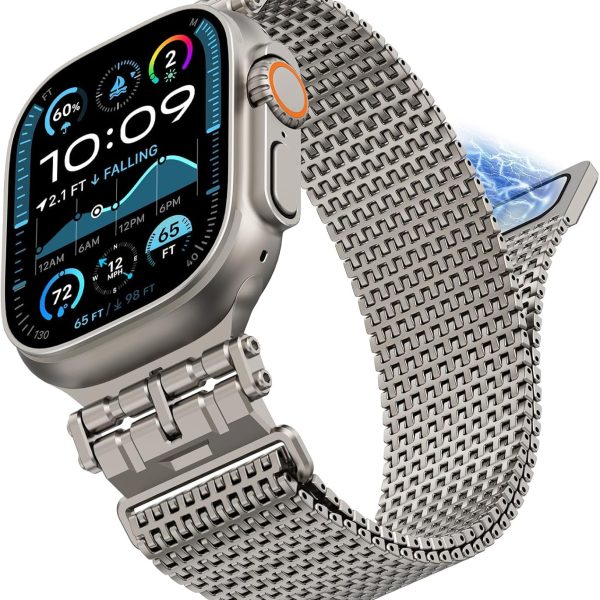 KASTWAVE Magnetic Milanese Loop Ban, Compatible with Apple Watch Band Ultra 2/Ultra 49mm 46mm 45mm 44mm Men Women, Adjustable Strap, for iWatch SE Series 10/9/8/7/6/5/4