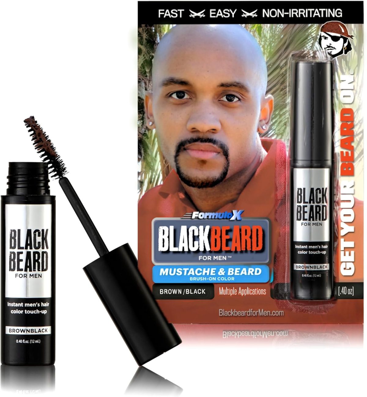 Blackbeard for Men Formula X Instant Mustache, Beard, Eyebrow and Sideburns Color - Fast, Easy, Men’s Grooming, Beard Dye Alternative, Brown/Black, 1 Pack
