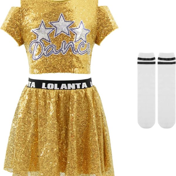 LOLANTA Girls Dance Outfits 4 Piece Kids Sequin Pleated Skirts Set Hip Hop Jazz Dance Clothes with Socks Wristband 5-12 Years