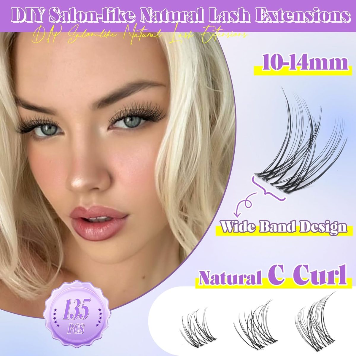 ⁦ALICE Eyelashes Individual Kit Natural Cluster Lashes Kit Clear Band Wispy Lash Extension Kit Cluster Eyelash Extension Kit with 135pcs C Curl 10-14mm Eyelash Clusters Bond and Seal DIY at Home⁩ - الصورة ⁦3⁩
