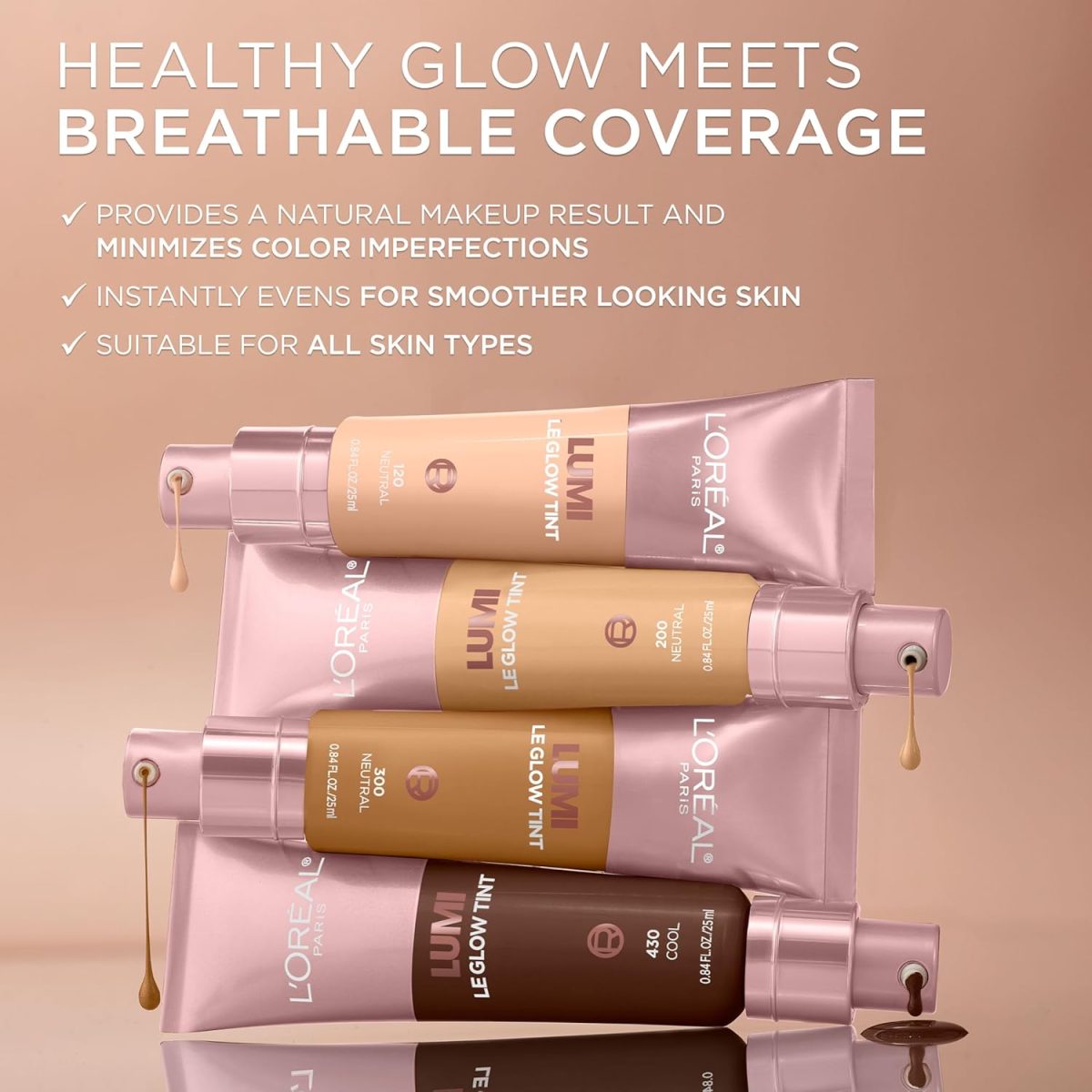 ⁦L'Oreal Paris Lumi Le Glow Skin Tint, Lightweight Water-Based Tinted Serum with Foundation-Like Coverage, Glow Illuminator, Warm 130, 0.85 Fl Oz⁩ - الصورة ⁦7⁩