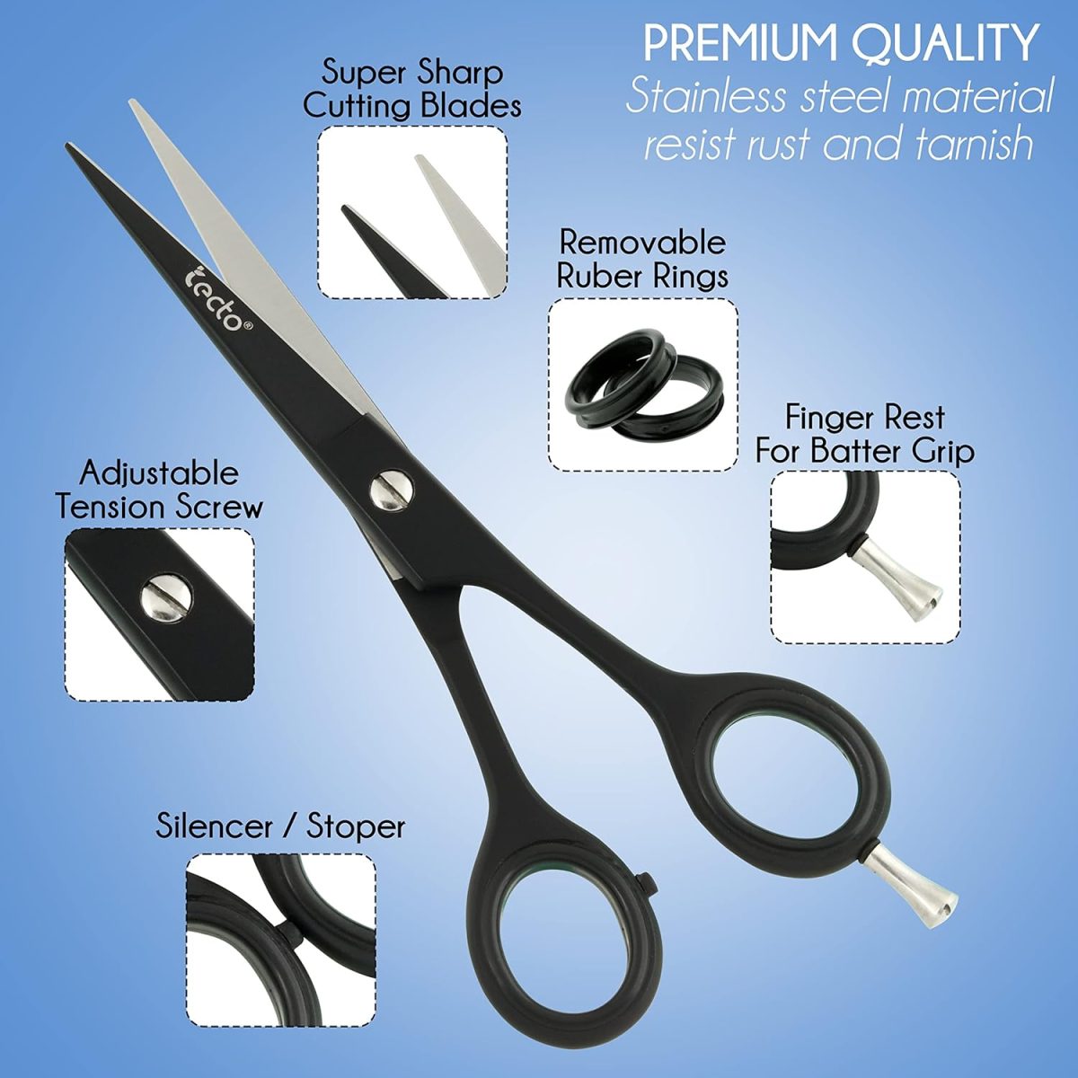 ⁦Tecto 6" Hair Dressing Scissors Sharp, Hair Cutting Scissor for Professional, Hairdressers Barbers Stainless Steel Hair Cutting Shears, Sharp Hair Scissors for Women, Men, Children and Adults (Black)⁩ - الصورة ⁦3⁩