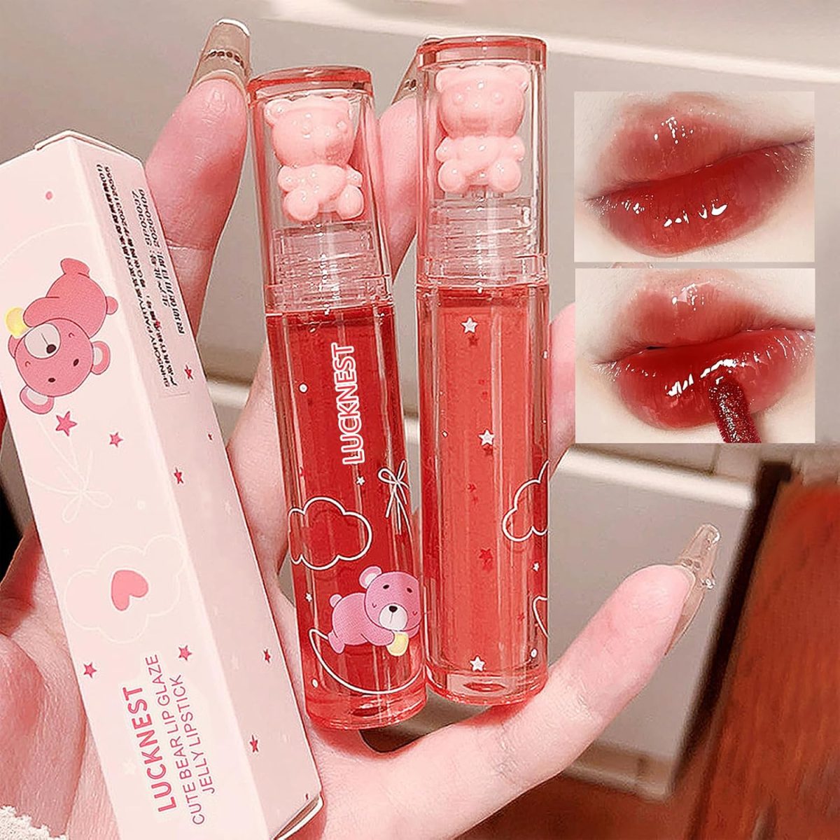 ⁦LuckNest 6Pcs Bear Lip Glaze Jelly Lipstick, Liquid Lipstick Cute Bear Lipgloss Moisturizing Lip Stain Plumping Water Lip Gloss Waterproof Long Lasting Cheek Rouge Tint Cosmetics Beauty Makeup⁩ - الصورة ⁦2⁩