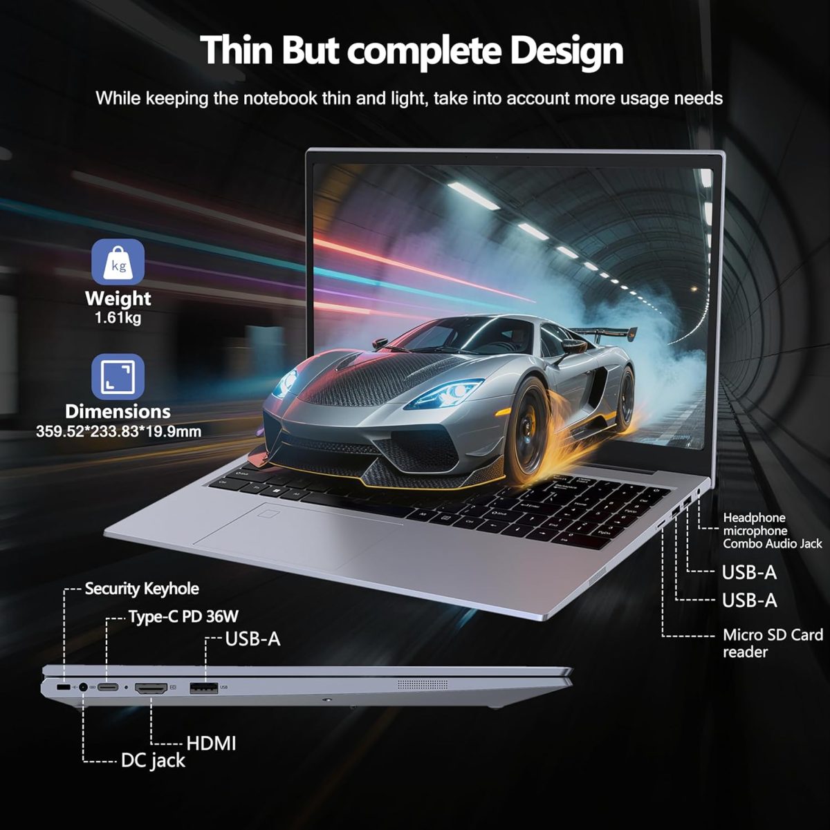 ⁦ZOLWAYTAC Gaming Laptop,15.6" FHD IPS 1920x1080(180° Viewing Angle),N100 CPU up to 3.2GHz,16GB DDR4+512GB SSD, WiFi &BT, USB 3.2 x3,Supports Type-C Charging,Aluminum Laptop Computer, Space Gray⁩ - الصورة ⁦3⁩