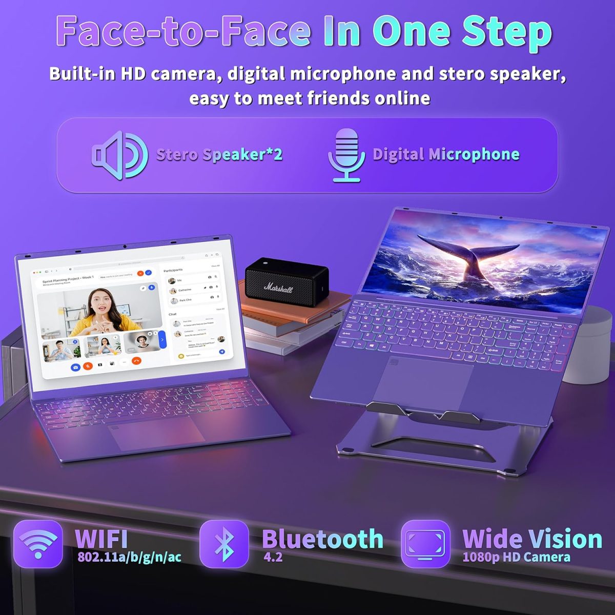 ⁦Svikou 16" Purple Laptop Computer - in tel N95 Processor, 1TB NVMe SSD 12GB LPDDR5 RAM, 2K FHD IPS Display, 7-Color Backlit Keyboard, Fingerprint, Win 11 Pro, Lightweight for Study Work & Play⁩ - الصورة ⁦8⁩