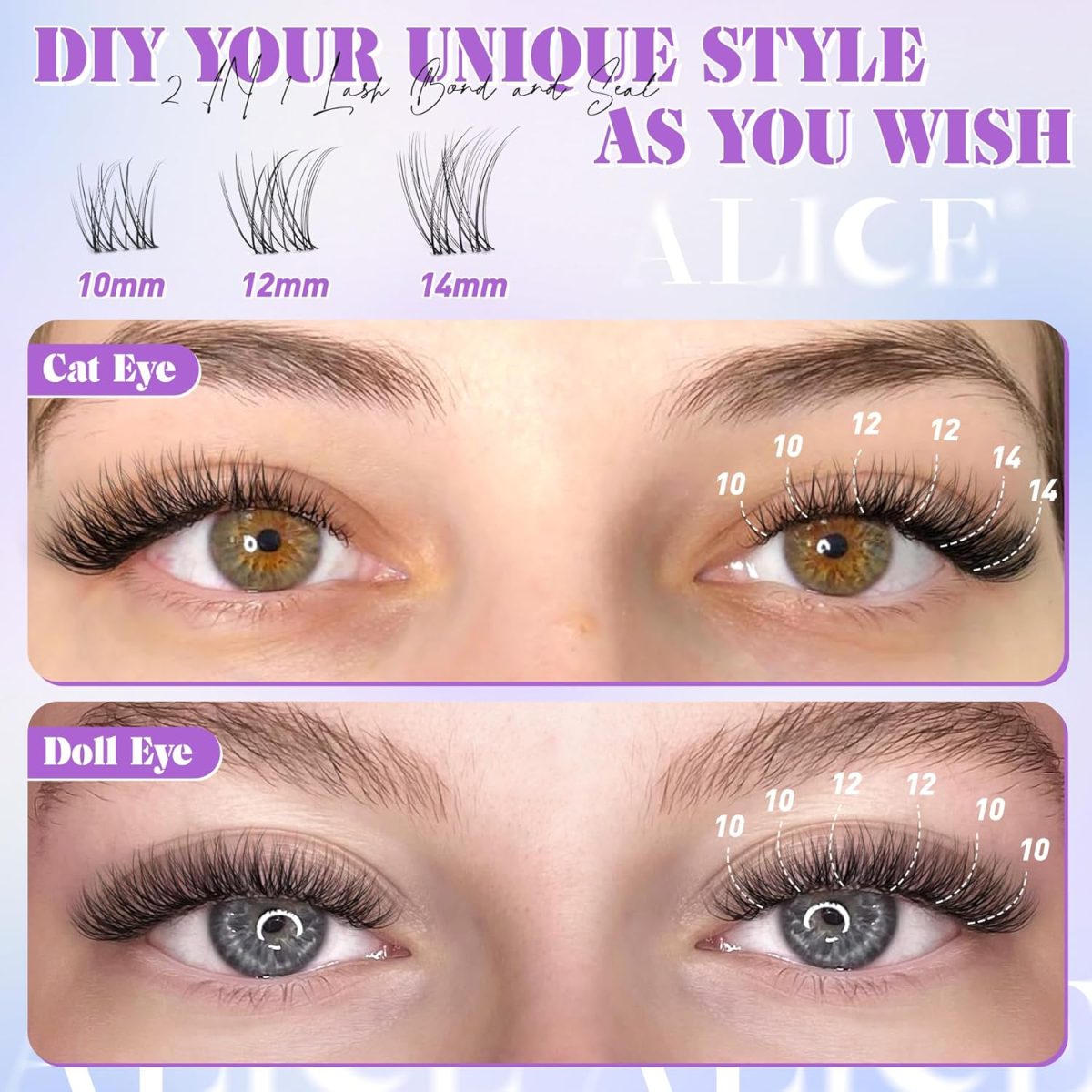 ⁦ALICE Eyelashes Individual Kit Natural Cluster Lashes Kit Clear Band Wispy Lash Extension Kit Cluster Eyelash Extension Kit with 135pcs C Curl 10-14mm Eyelash Clusters Bond and Seal DIY at Home⁩ - الصورة ⁦9⁩