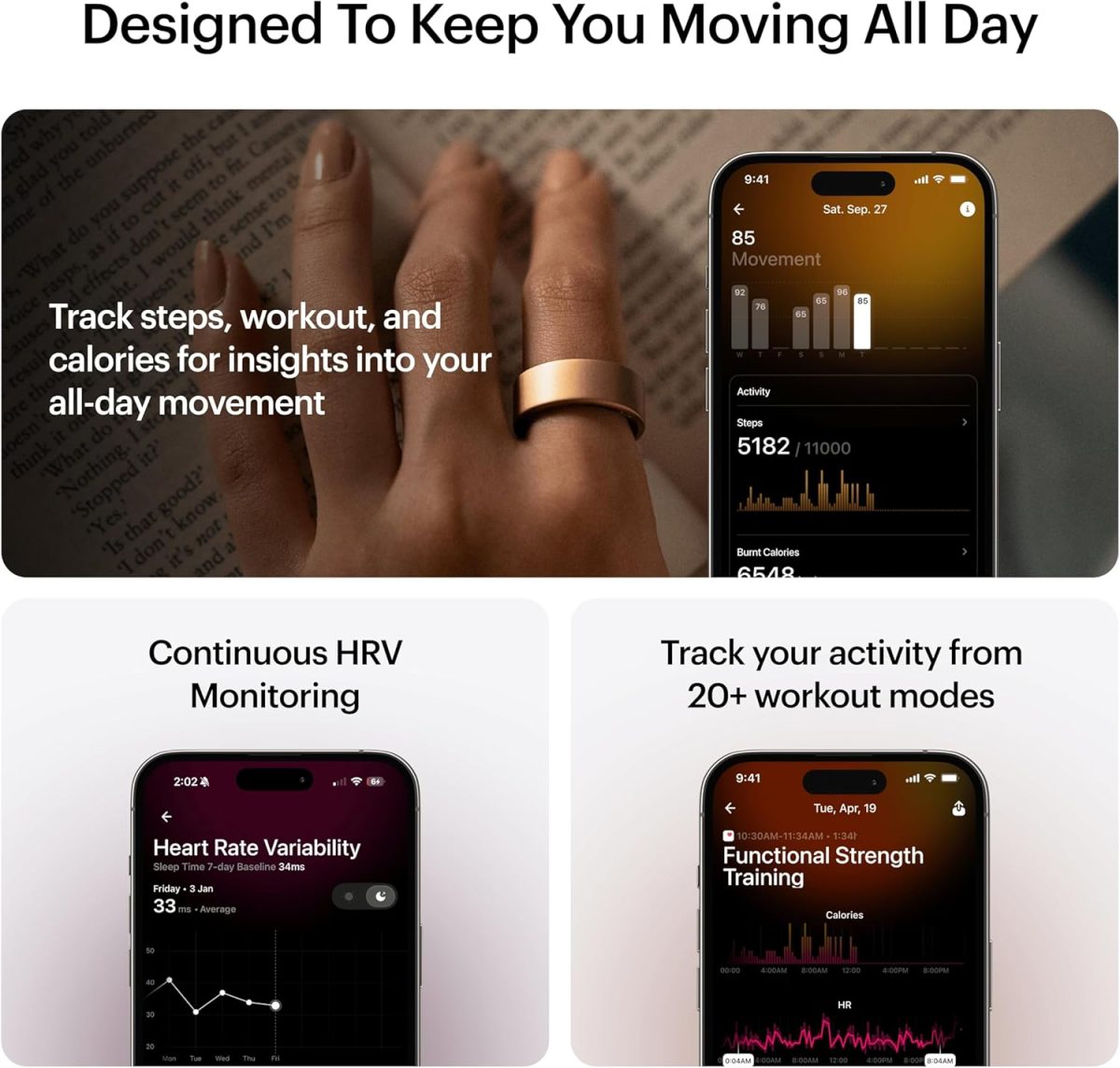 ⁦ULTRAHUMAN Ring AIR – Sleep and Fitness Tracker, Smart Ring for Men and Women, No app fee for standard features, Up to 6 days battery life (Size 8)⁩ - الصورة ⁦6⁩