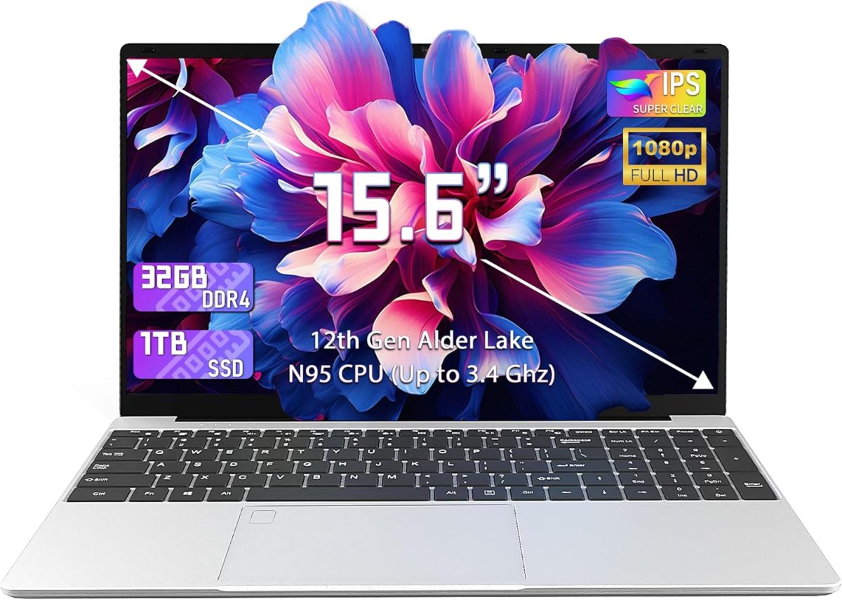 OMSERVB 15.6" Silver Laptop,12th Gen N95(Up to 3.4Ghz), DDR4 32G RAM, 512GB NVME SSD,Win 11 Pro&Office 2019,Fingerprint Lock,Portable Notebook PC with Backlit KB (32+1T)