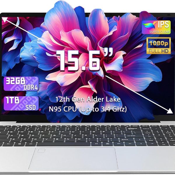 OMSERVB 15.6" Silver Laptop,12th Gen N95(Up to 3.4Ghz), DDR4 32G RAM, 512GB NVME SSD,Win 11 Pro&Office 2019,Fingerprint Lock,Portable Notebook PC with Backlit KB (32+1T)