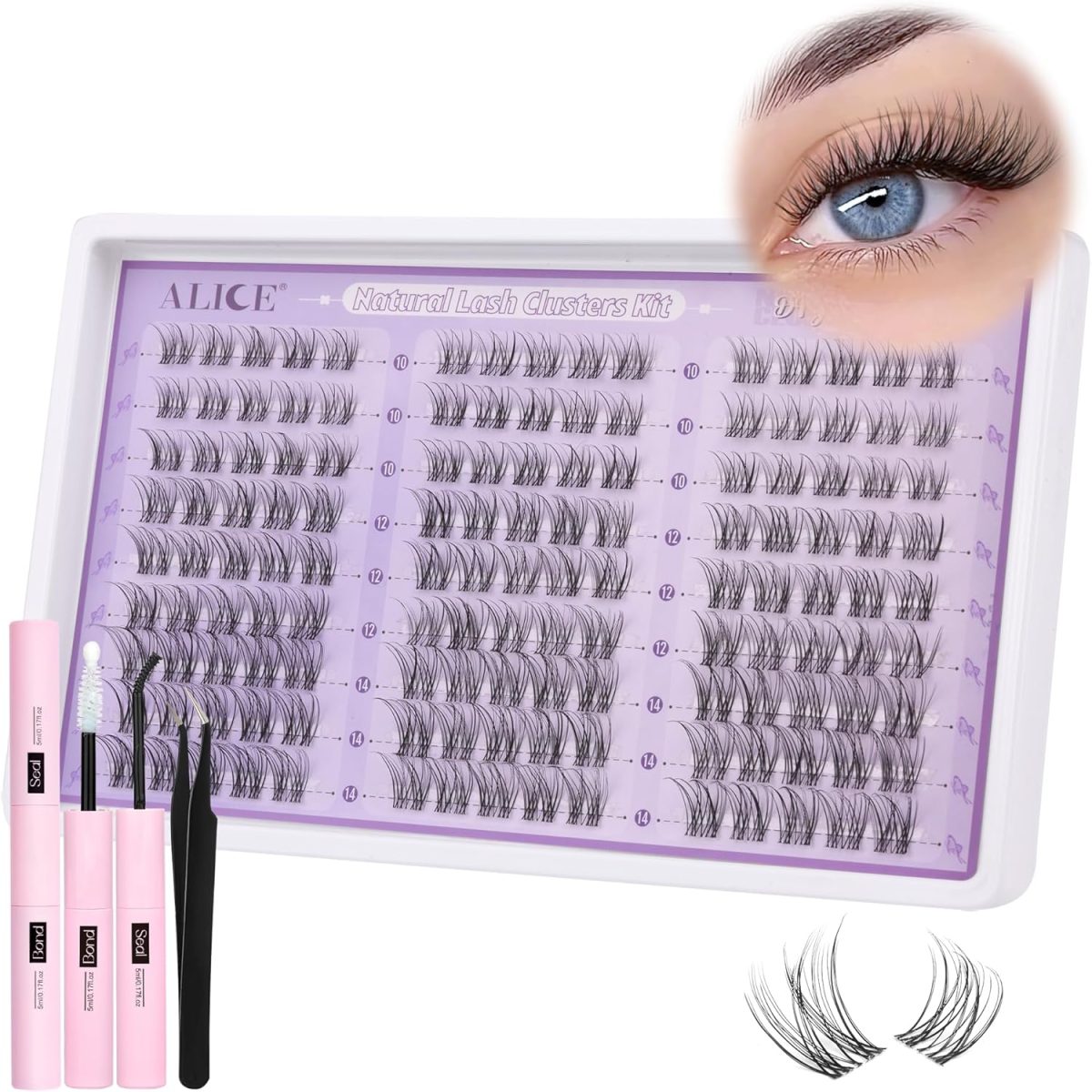 ⁦ALICE Eyelashes Individual Kit Natural Cluster Lashes Kit Clear Band Wispy Lash Extension Kit Cluster Eyelash Extension Kit with 135pcs C Curl 10-14mm Eyelash Clusters Bond and Seal DIY at Home⁩ - الصورة ⁦7⁩