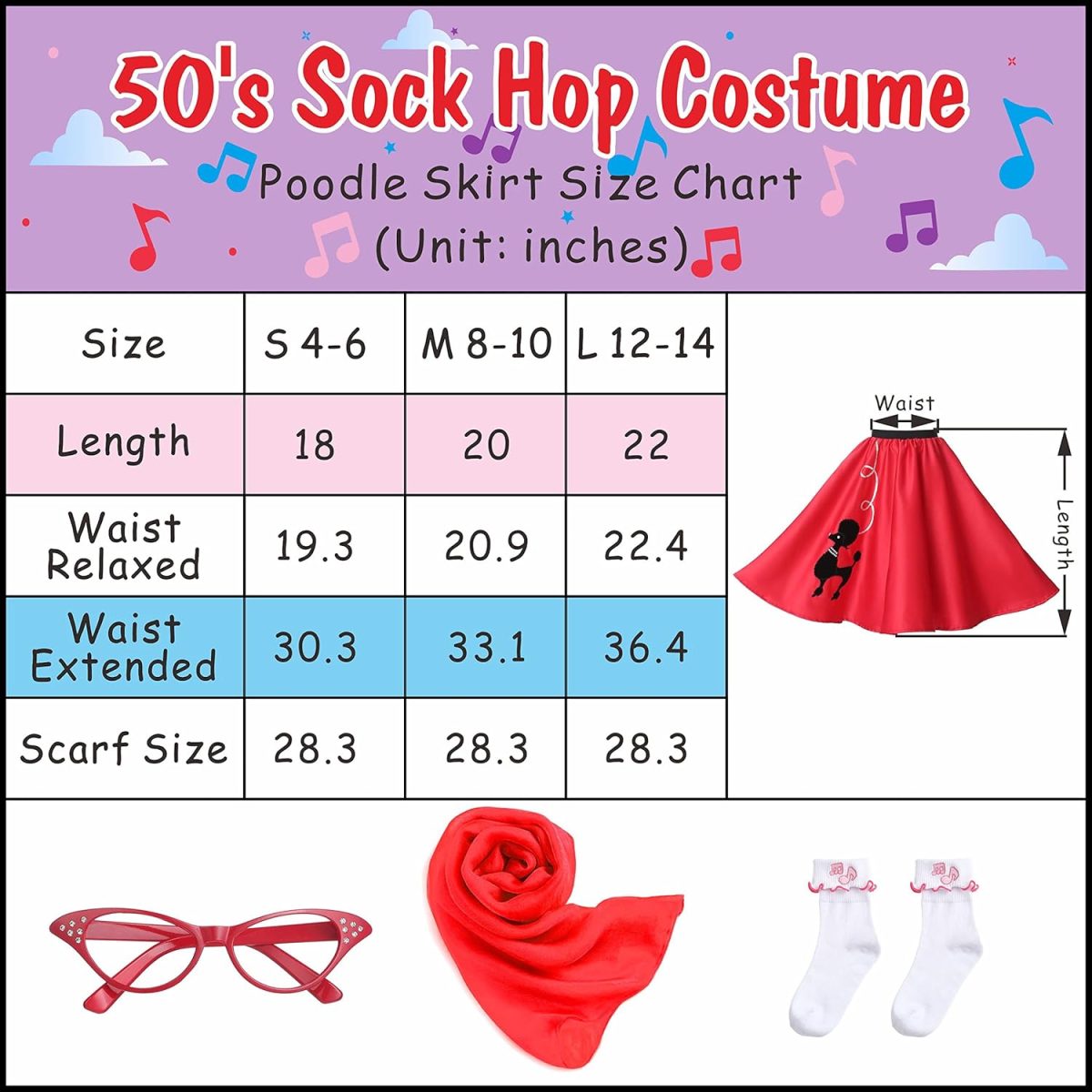 ⁦Rabtero Kids Sock Hop Costume, Girls 1950s Dress Costume, 50's Poodle Skirt with Scarf, Glasses and Socks⁩ - الصورة ⁦7⁩