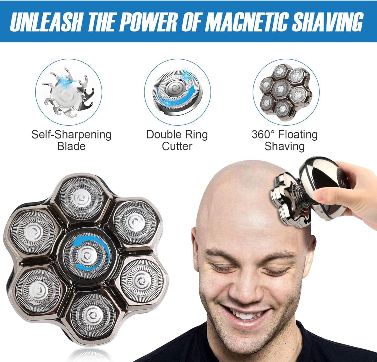 ⁦7D Electric Shaver Head, Magnetic Floating Replacement Razor Head for Bald Razor Men, Universal Head Shaver Bald Waterproof 7 Heads, Wet and Dry Bald Razor Razor Heads⁩ - الصورة ⁦5⁩