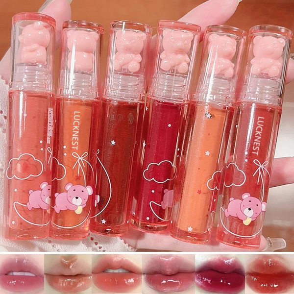 LuckNest 6Pcs Bear Lip Glaze Jelly Lipstick, Liquid Lipstick Cute Bear Lipgloss Moisturizing Lip Stain Plumping Water Lip Gloss Waterproof Long Lasting Cheek Rouge Tint Cosmetics Beauty Makeup