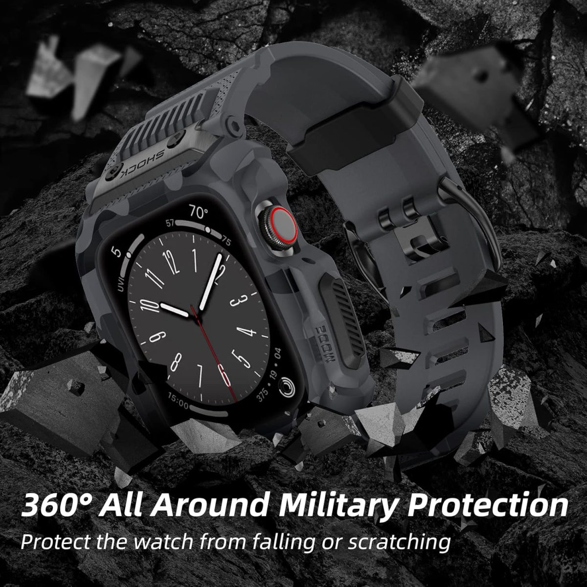 ⁦XMUXI Compatible with Apple Watch Band 45mm 44mm with Case, Rugged Sport Military TPU Strap with Bumper Cover for iWatch Series SE2 SE 9 8 7 6 5 4 for Man⁩ - الصورة ⁦3⁩
