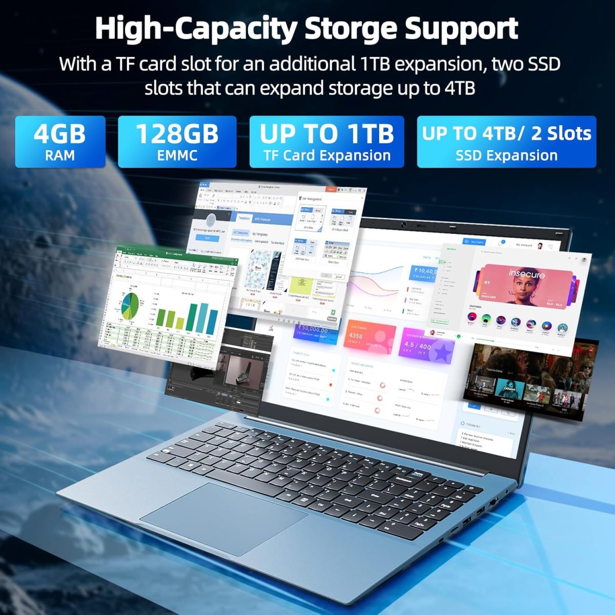 ⁦Naclud 15.6 Inch Laptops, Laptop Computers with 4GB RAM 128GB SSD, Celeron N5095 Quad-Core CPU(Up to 2.9GHz), 1920×1080 FHD IPS, Support WiFi6, 53Wh Battery, USB 3.2 * 3, HDMI, Type-C⁩ - الصورة ⁦2⁩