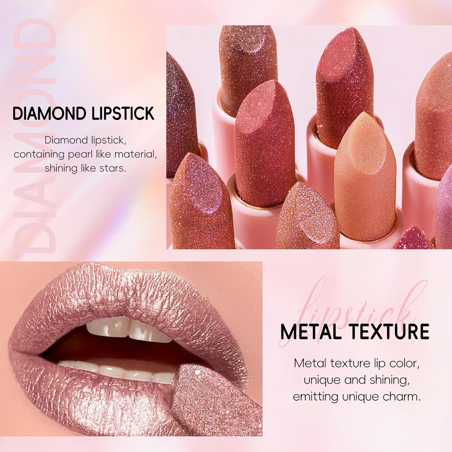 81ha5D7XHtL._AC_SL1500_.jpg Metallic Lipstick Long Lasting, High Shine Glitter Diamond Creamy Lipstick Transfer Proof, Shimmer High Impact Lip Color Full Coverage Non Stick Cup Lightweight Lip Makeup for Women - الصورة 4