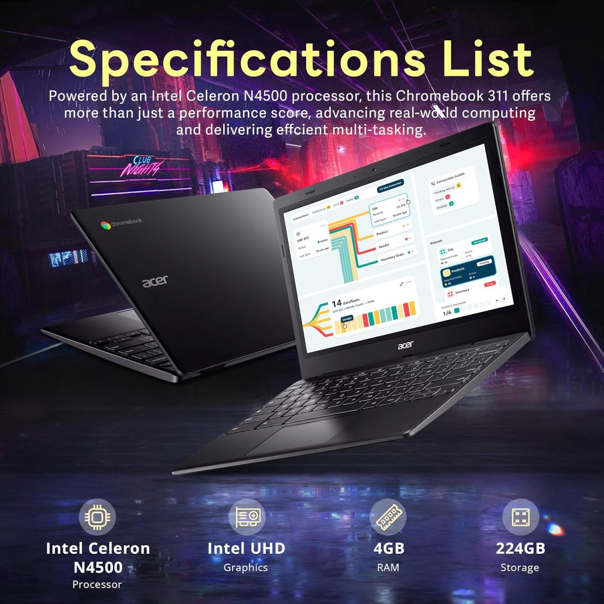 ⁦acer Chromebook 311 11.6" HD Laptop, Intel Celeron N4500 Processor, 4GB LPDDR4X RAM, 224GB Storage (64GB eMMC+160GB Docking Station Set), Intel UHD Graphics, Wi-Fi 5, Chrome OS, Black⁩ - الصورة ⁦3⁩
