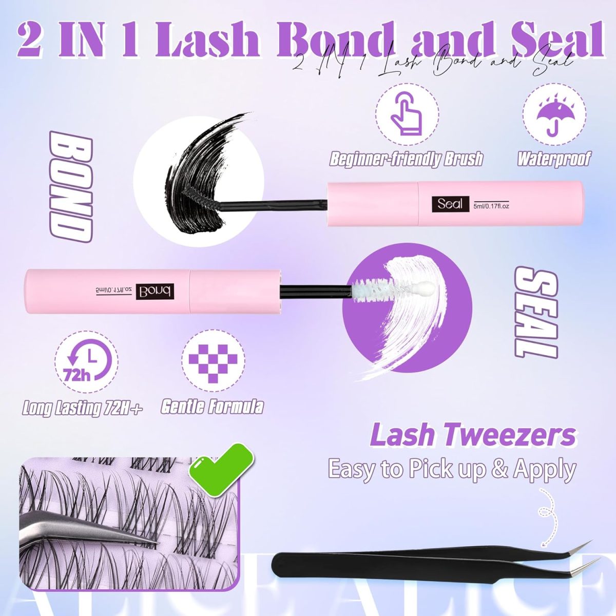 ⁦ALICE Eyelashes Individual Kit Natural Cluster Lashes Kit Clear Band Wispy Lash Extension Kit Cluster Eyelash Extension Kit with 135pcs C Curl 10-14mm Eyelash Clusters Bond and Seal DIY at Home⁩ - الصورة ⁦5⁩