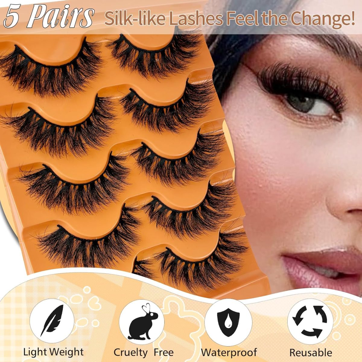 ⁦Hushlibaby Faux Mink Lashes Fluffy 3D False Eyelashes 18mm Wispy Volume Lashes that Look Like Extensions 5 Pairs Strip Lashes by FOINEMYED⁩ - الصورة ⁦4⁩