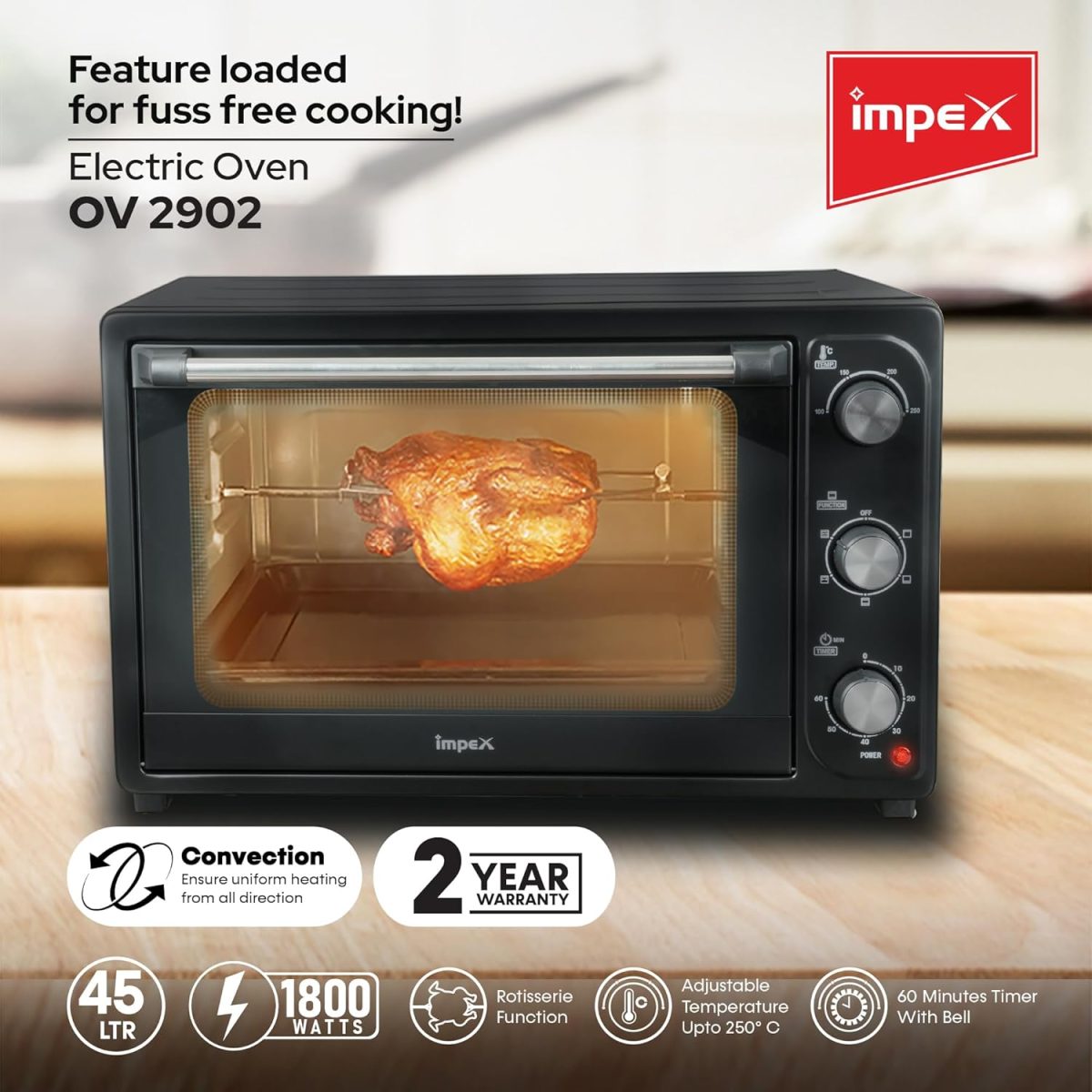 ⁦Impex - 45 Liter Electric Oven, Rotisserie Function | Baking, Toasting & Grilling | 1800W - OV 2902 | امبكس - فرن كهربائي 45 لتر ، وظيفة المشواة | الخبز والتحميص والشوي | 1800 واط⁩ - الصورة ⁦2⁩