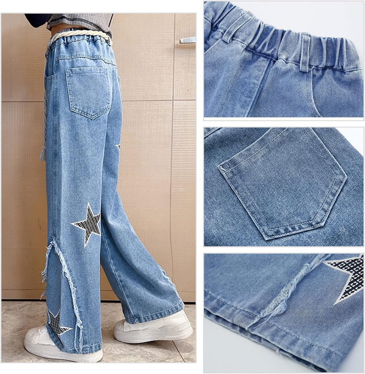 ⁦SEAUR Kids Girls Jeans Ripped Baggy Wide Leg Denim Pants High Elastic Waist Loose Straight Casual Fashion Retro Trousers with Pockets Age 5-15 Years⁩ - الصورة ⁦6⁩