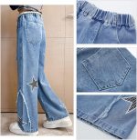 ⁦SEAUR Kids Girls Jeans Ripped Baggy Wide Leg Denim Pants High Elastic Waist Loose Straight Casual Fashion Retro Trousers with Pockets Age 5-15 Years⁩ - الصورة ⁦6⁩