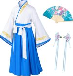 Asian Traditional Dress Kimono Robe for Kids Girls Costume Silk Folding Fans hairstick Cosplay