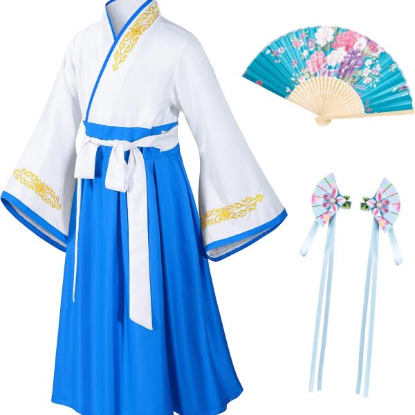 Asian Traditional Dress Kimono Robe for Kids Girls Costume Silk Folding Fans hairstick Cosplay