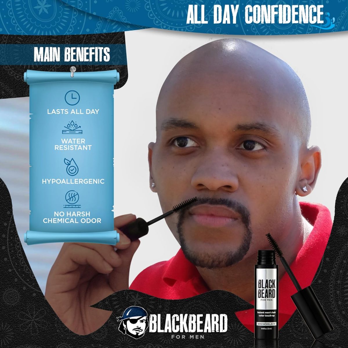 ⁦Blackbeard for Men Formula X Instant Mustache, Beard, Eyebrow and Sideburns Color - Fast, Easy, Men’s Grooming, Beard Dye Alternative, Brown/Black, 1 Pack⁩ - الصورة ⁦2⁩
