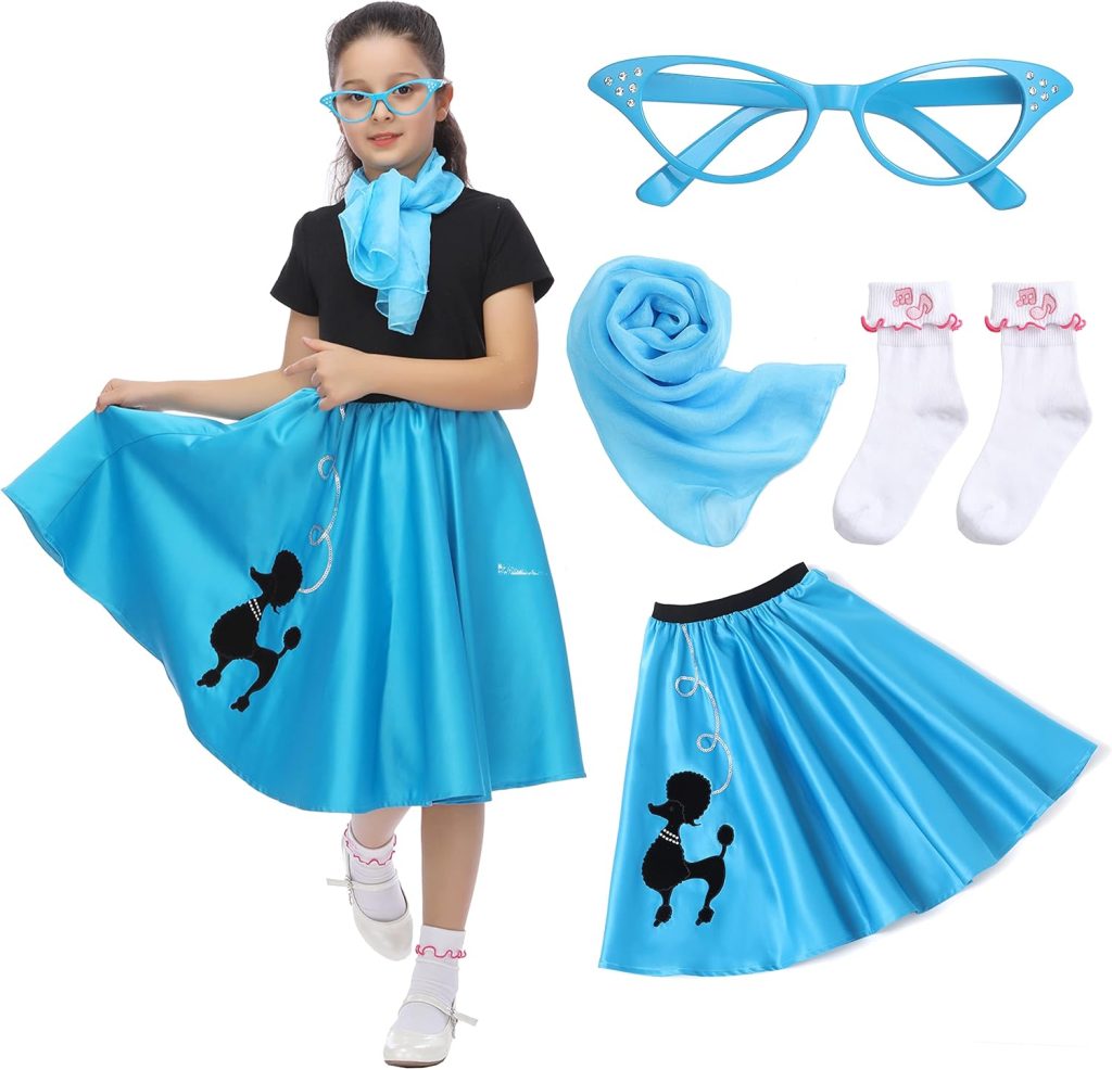 Rabtero Kids Sock Hop Costume, Girls 1950s Dress Costume, 50's Poodle Skirt with Scarf, Glasses and Socks