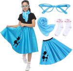 Rabtero Kids Sock Hop Costume, Girls 1950s Dress Costume, 50's Poodle Skirt with Scarf, Glasses and Socks