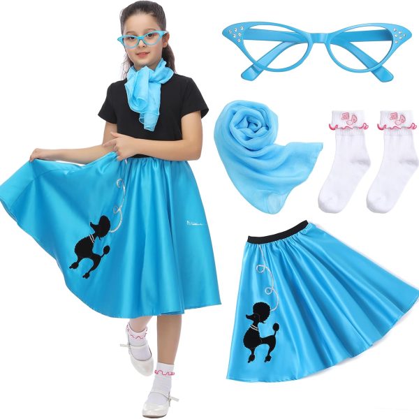 Rabtero Kids Sock Hop Costume, Girls 1950s Dress Costume, 50's Poodle Skirt with Scarf, Glasses and Socks