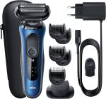 ⁦براون ماكينة حلاقة كهربائية للرجال من السلسلة 6 61-B1500s مع ملحق تشذيب اللحية ايزي كليك سينسو فليكس، تقنية رطبة وجافة، قابلة لاعادة الشحن، ماكينة حلاقة شبكية لاسلكية، ازرق⁩ - الصورة ⁦8⁩