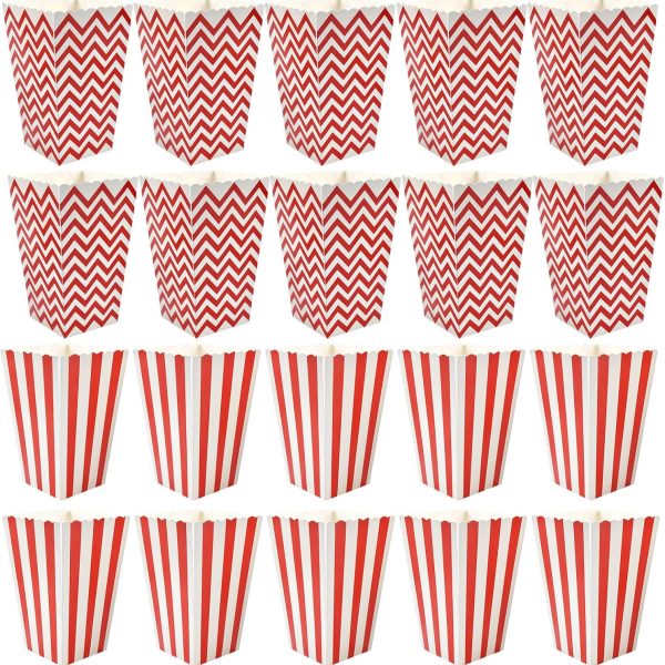 20 قطعة من علب الفشار الورقية من يلانجين، دلاء فشار صغيرة للاطفال والحفلات العائلية، حاويات وجبات خفيفة للفشار ورقائق البطاطس والحلوى - خطوط حمراء وبيضاء ونمط مموج