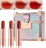 مجموعة احمر شفاه مات من 3 قطع، 3 الوان مع شنطة سلسلة بلون ذهبي وردي، مجموعة احمر شفاه مخملي، كوب مقاوم للماء وغير لاصق، مجموعة احمر شفاه احمر قابل للسحب ويدوم طويلا