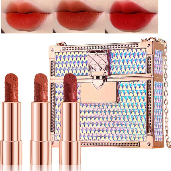 مجموعة احمر شفاه مات من 3 قطع، 3 الوان مع شنطة سلسلة بلون ذهبي وردي، مجموعة احمر شفاه مخملي، كوب مقاوم للماء وغير لاصق، مجموعة احمر شفاه احمر قابل للسحب ويدوم طويلا