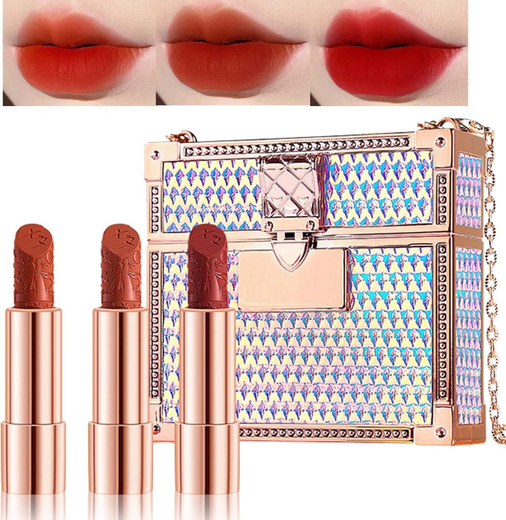 مجموعة احمر شفاه مات من 3 قطع، 3 الوان مع شنطة سلسلة بلون ذهبي وردي، مجموعة احمر شفاه مخملي، كوب مقاوم للماء وغير لاصق، مجموعة احمر شفاه احمر قابل للسحب ويدوم طويلا