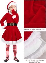 ⁦AOTHSO 5 Pack Girls Christmas Santa Suit Dress Velvet Dress Costume with Belt Over Knee Socks Hat Gloves Santa Claus Cosplay⁩ - الصورة ⁦3⁩