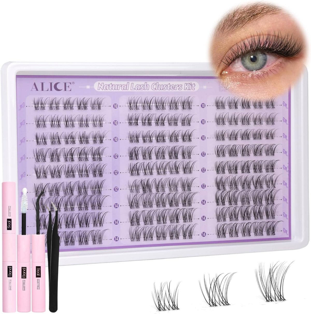 ⁦ALICE Eyelashes Individual Kit Natural Cluster Lashes Kit Clear Band Wispy Lash Extension Kit Cluster Eyelash Extension Kit with 135pcs C Curl 10-14mm Eyelash Clusters Bond and Seal DIY at Home⁩ - الصورة ⁦8⁩