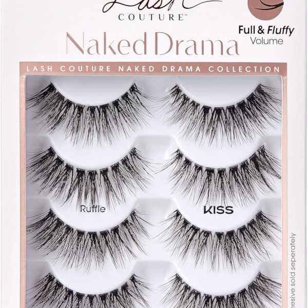 رموش صناعية لاش كوتير، مجموعة نيكد دراما من كيس، بتصميم كامل منفوش ثلاثي الابعاد قابلة لاعادة الاستخدام ومتوافقة مع العدسات اللاصقة، مزودة بشريط لاصق مرن وتقنية الاطراف المنقسمة، نمط كشكش، 4 ازواج