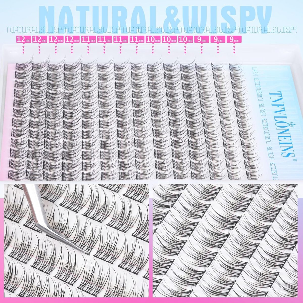 ⁦TNFVLONEINS Natural Lash Extension Kit 168Pcs Lash Clusters Kit Wispy Eyelash Extensions 9-12MM Individual Lashes Extensions with Bond and Seal Lash Glue and Eyelash Extension Tweezers DIY at Home⁩ - الصورة ⁦4⁩