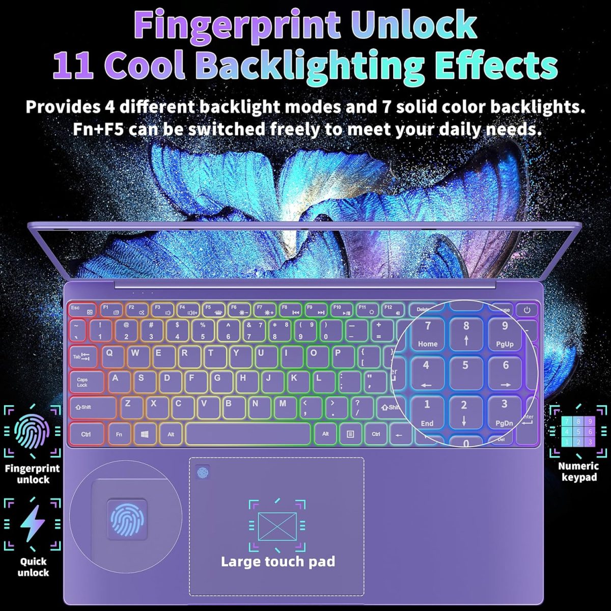 ⁦Svikou 16" Purple Laptop Computer - in tel N95 Processor, 1TB NVMe SSD 12GB LPDDR5 RAM, 2K FHD IPS Display, 7-Color Backlit Keyboard, Fingerprint, Win 11 Pro, Lightweight for Study Work & Play⁩ - الصورة ⁦6⁩
