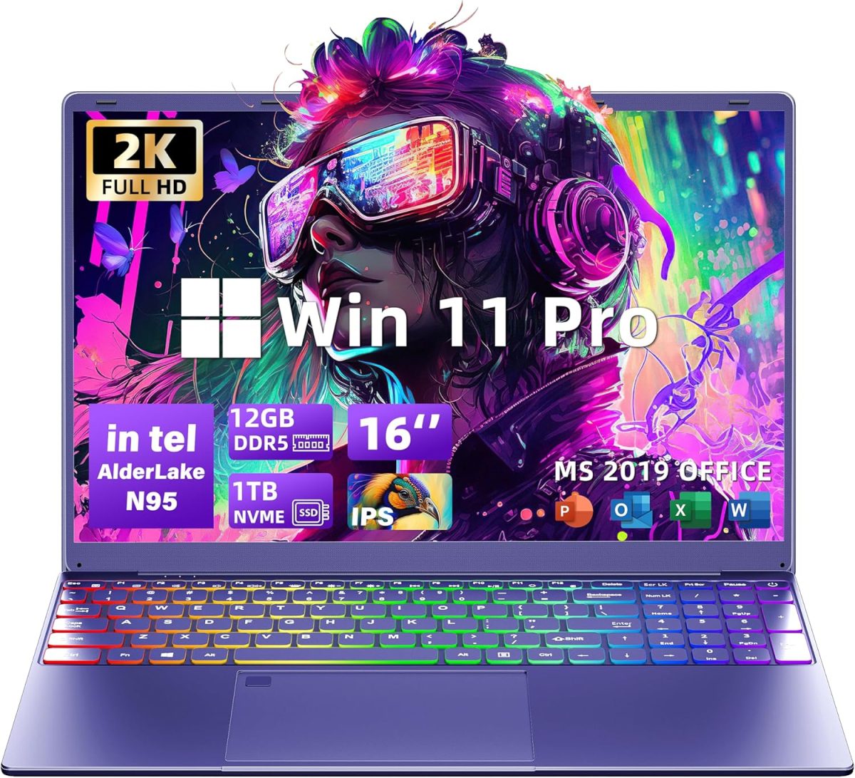Svikou 16" Purple Laptop Computer - in tel N95 Processor, 1TB NVMe SSD 12GB LPDDR5 RAM, 2K FHD IPS Display, 7-Color Backlit Keyboard, Fingerprint, Win 11 Pro, Lightweight for Study Work & Play