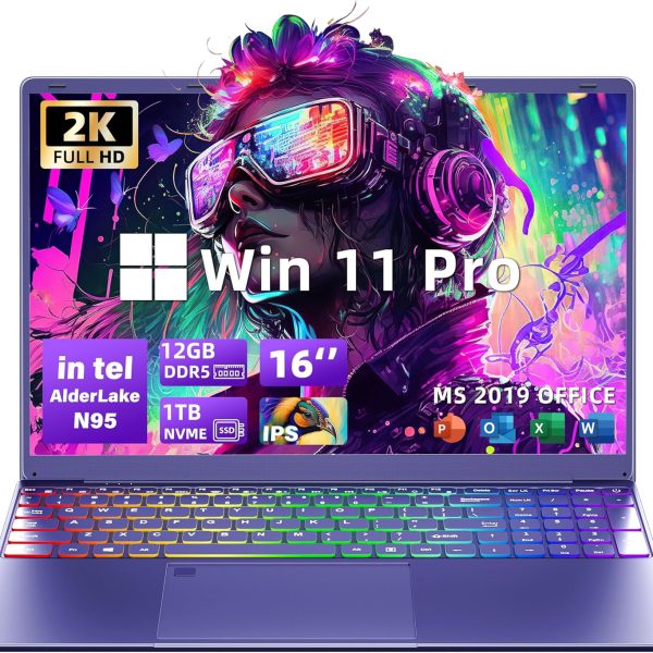 Svikou 16" Purple Laptop Computer - in tel N95 Processor, 1TB NVMe SSD 12GB LPDDR5 RAM, 2K FHD IPS Display, 7-Color Backlit Keyboard, Fingerprint, Win 11 Pro, Lightweight for Study Work & Play