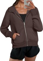 ⁦ANRABESS Women Hoodies Fleece Lined Full Zipper Sweatshirts Long Sleeve Crop Tops Clothes Sweater Thumb Hole⁩ - الصورة ⁦2⁩