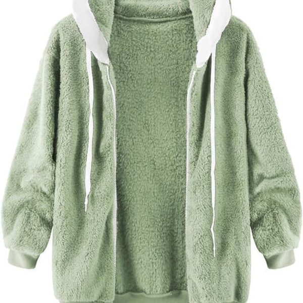 BOREST Furry Jacket for Women, Women Coats Hoodies,Autumn Sweatshirt Streetwear Ladies Casual Loose Jackets,Fleece Zipper Outwear Long Sleeve Female Tops LEOWE (Color : Green, Size : XXL)