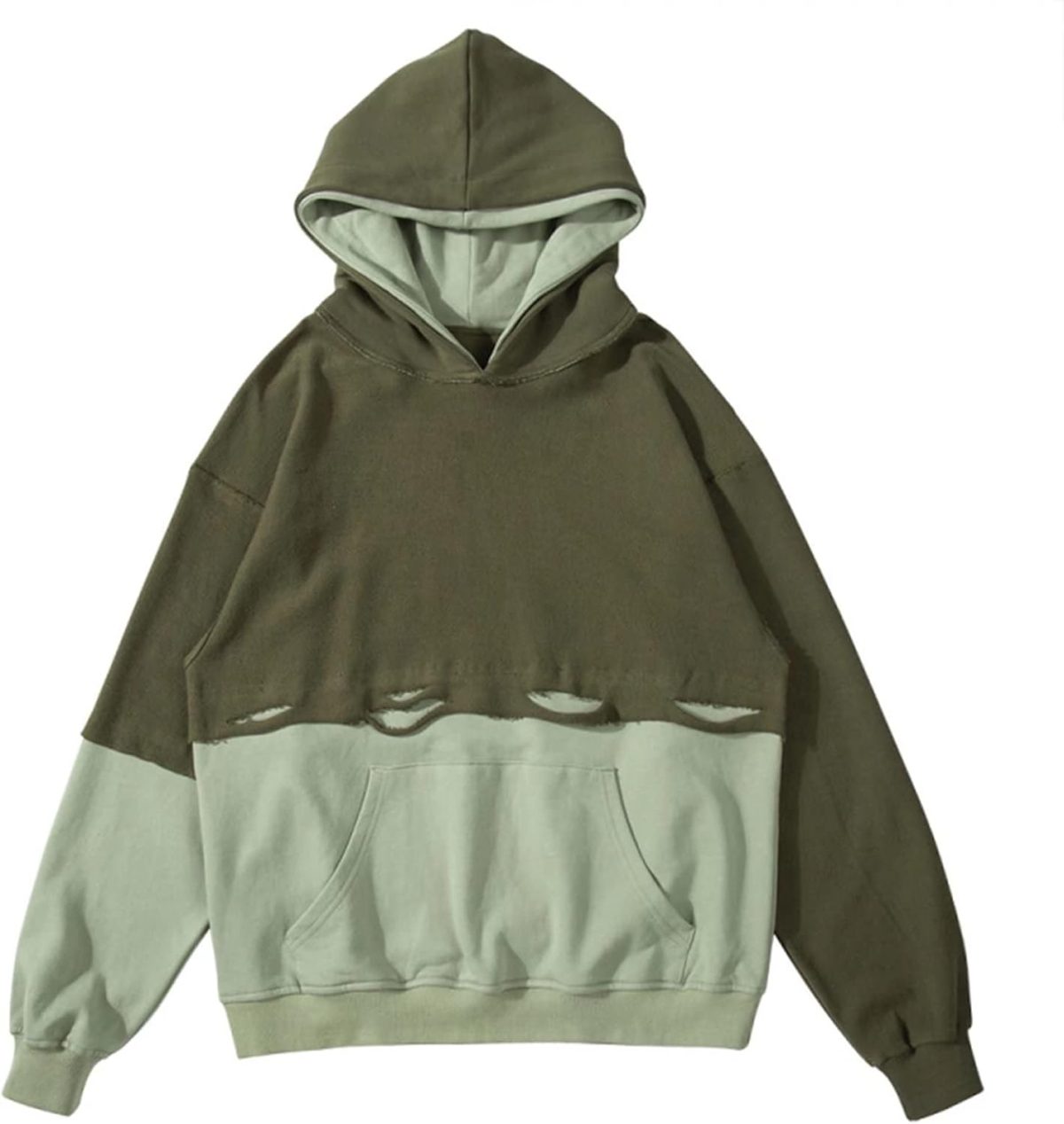 ⁦HLGLQZ Fake 2 Hoodies Double Hooded Hollow Out Stitching Pullover Sweatshirt Harajuku Vintage Pullover Oversize Sweater with Pocket⁩ - الصورة ⁦1⁩