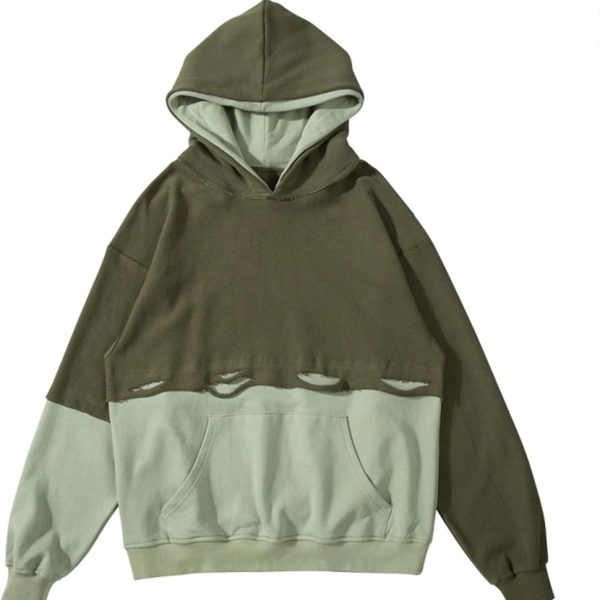 HLGLQZ Fake 2 Hoodies Double Hooded Hollow Out Stitching Pullover Sweatshirt Harajuku Vintage Pullover Oversize Sweater with Pocket